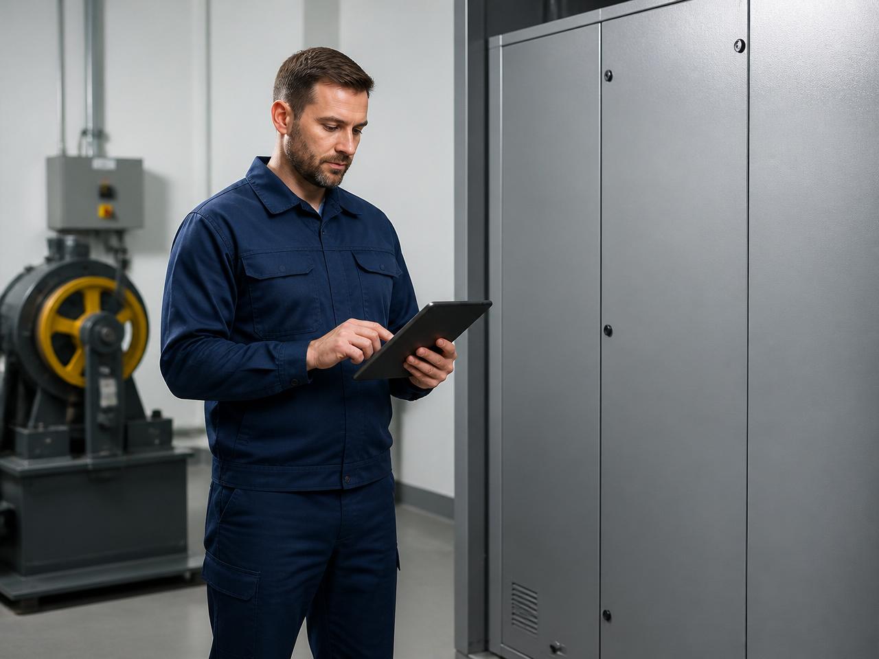 Técnico de ascensores cumplimentando un parte digital en tablet